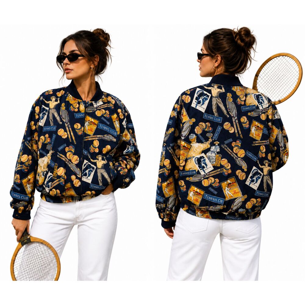 Vintage Liz Sport Tennis Racket Print Bomber Jacket Women's L 90s Full Zip